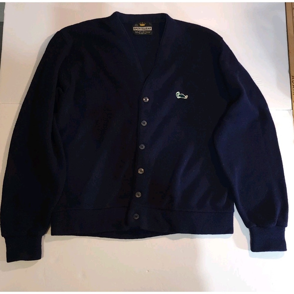 Grandpa Mr. Rodgers Sweater Sportswear Vtg 60s 70s Navy Blue Cardigan  Button M